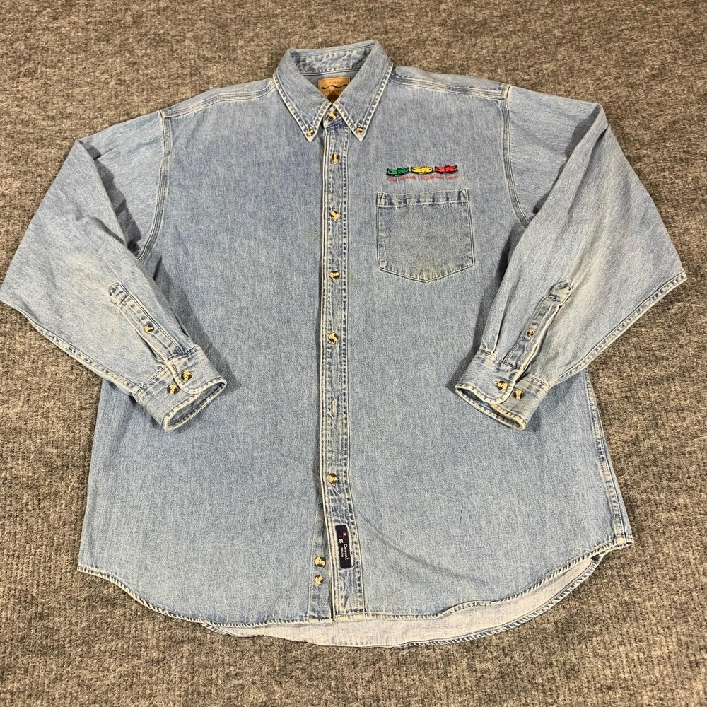 Port Authority Shirt Mens XL Blue Denim Long Sleeve Button Up Trains Embroidered